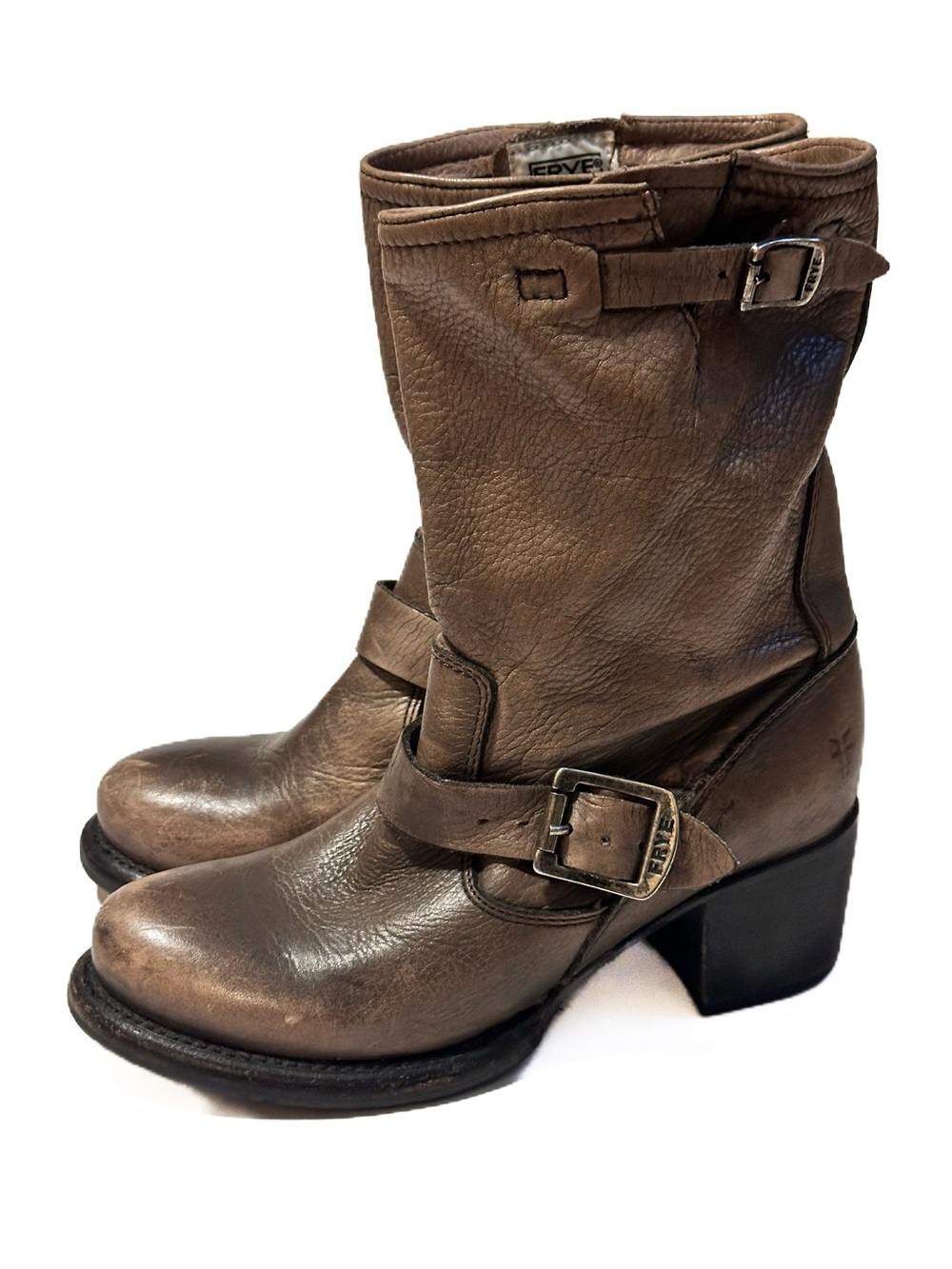 Frye Vera Engineer Moto  Brown Leather Round Toe Mid Calf Boots